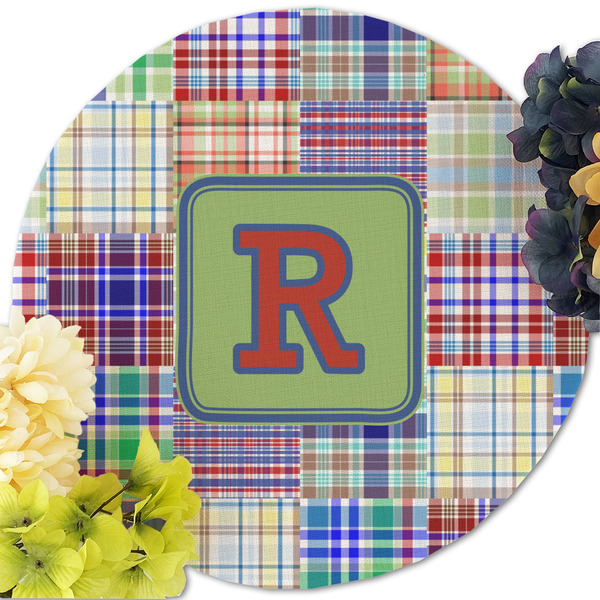 Blue Madras Plaid Print Round Linen Placemats - Front (w flowers)