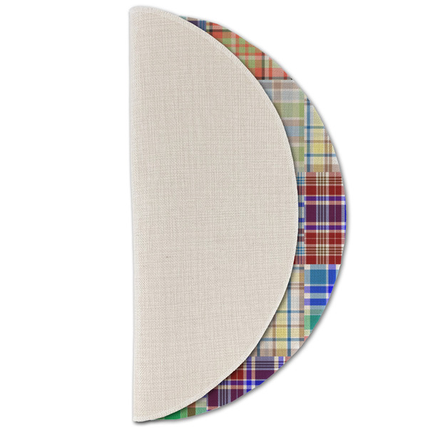 Blue Madras Plaid Print Round Linen Placemats - HALF FOLDED (single sided)