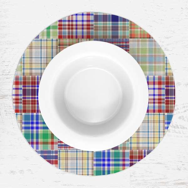 Blue Madras Plaid Print Round Linen Placemats - LIFESTYLE (single)