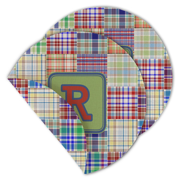 Custom Blue Madras Plaid Print Round Linen Placemat - Double Sided - Set of 4 (Personalized)