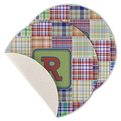 Blue Madras Plaid Print Round Linen Placemat - Single Sided - Set of 4 (Personalized)