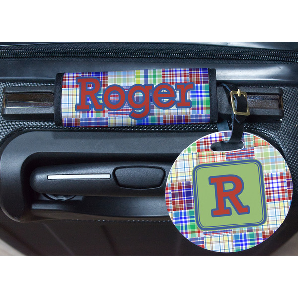Blue Madras Plaid Print Round Luggage Tag & Handle Wrap - In Context
