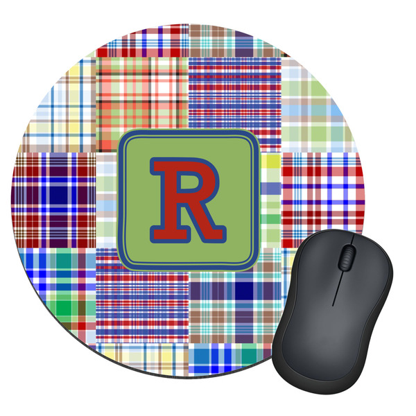 Custom Blue Madras Plaid Print Round Mouse Pad (Personalized)