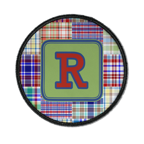 Custom Blue Madras Plaid Print Iron On Round Patch w/ Initial