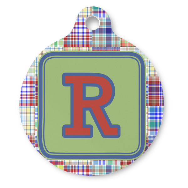 Custom Blue Madras Plaid Print Round Pet ID Tag (Personalized)