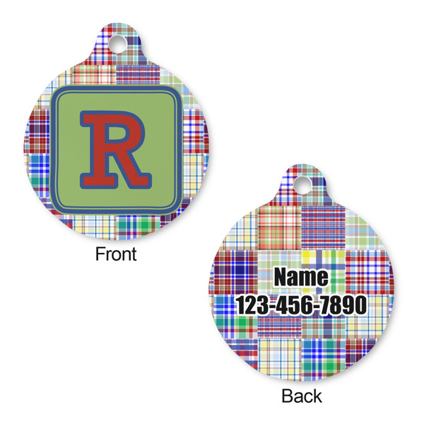 Blue Madras Plaid Print Round Pet Tag - Front & Back