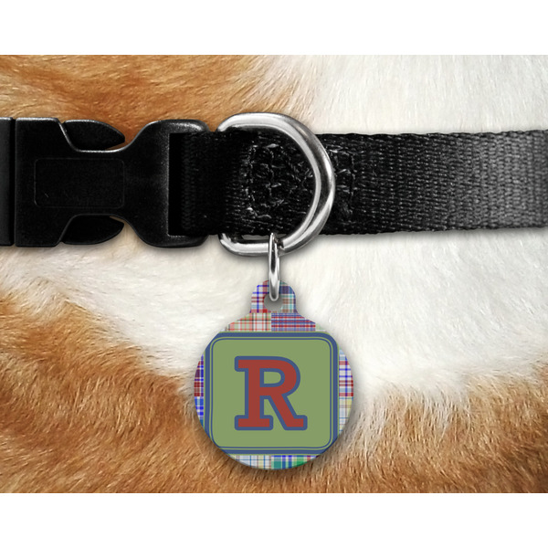 Blue Madras Plaid Print Round Pet Tag on Collar & Dog