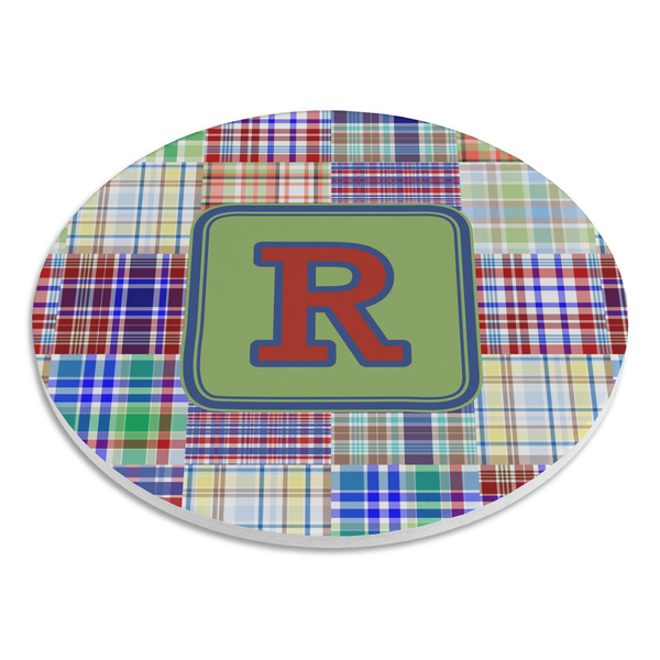 Blue Madras Plaid Print Round Stone Trivet - Angle View