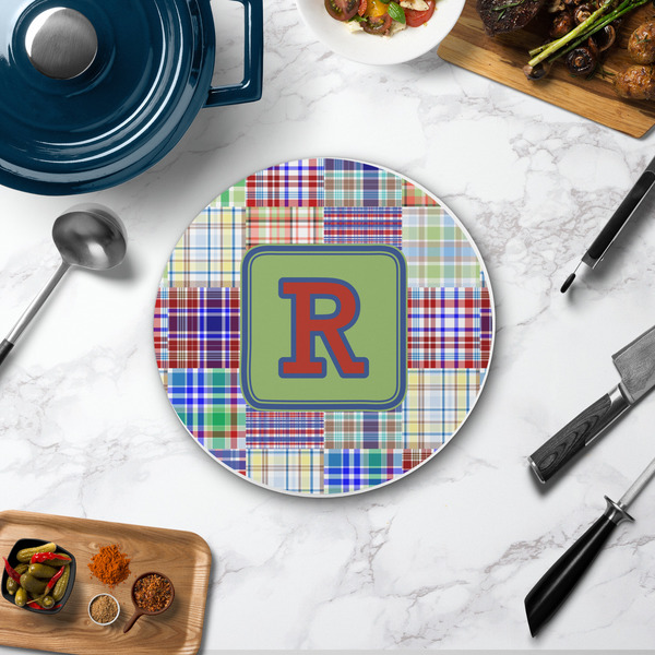 Blue Madras Plaid Print Round Stone Trivet - In Context View