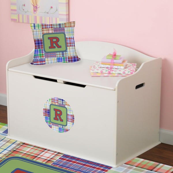 Blue Madras Plaid Print Round Wall Decal on Toy Chest