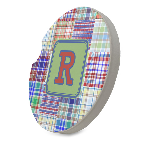Blue Madras Plaid Print Sandstone Car Coaster - STANDING ANGLE