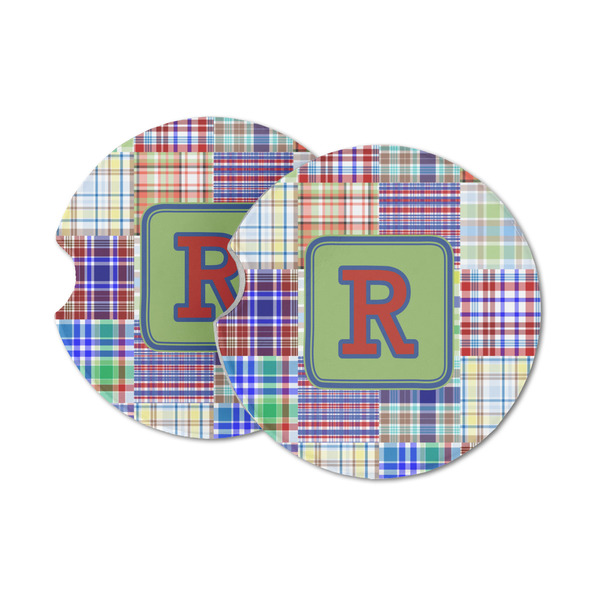 Custom Blue Madras Plaid Print Sandstone Car Coasters (Personalized)