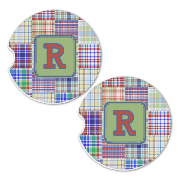 Blue Madras Plaid Print Sandstone Car Coasters - Set of 2