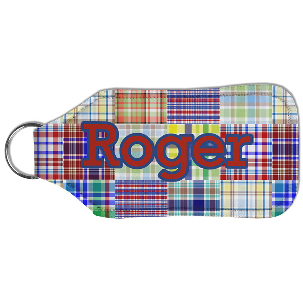 Blue Madras Plaid Print Sanitizer Holder Keychain - Large (Back)