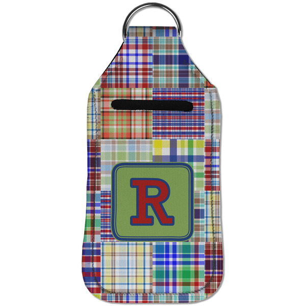 Blue Madras Plaid Print Sanitizer Holder Keychain - Large (Front)