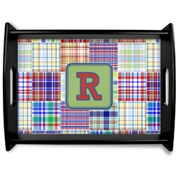 Blue Madras Plaid Print Black Wooden Tray - Large (Personalized)