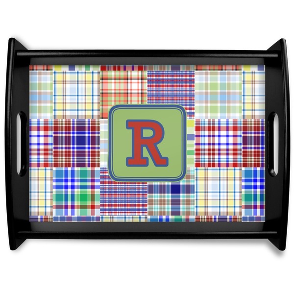 Custom Blue Madras Plaid Print Black Wooden Tray - Large (Personalized)