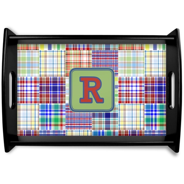 Custom Blue Madras Plaid Print Black Wooden Tray - Small (Personalized)
