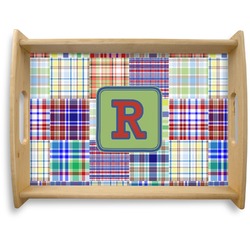 Blue Madras Plaid Print Natural Wooden Tray - Large (Personalized)