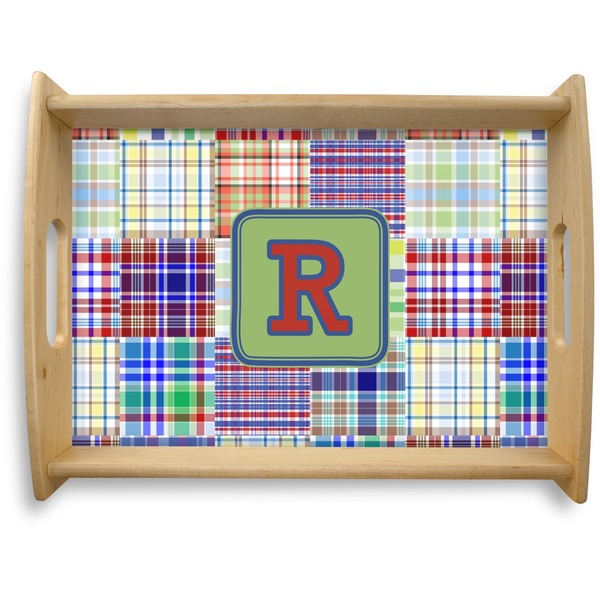 Custom Blue Madras Plaid Print Natural Wooden Tray - Large (Personalized)