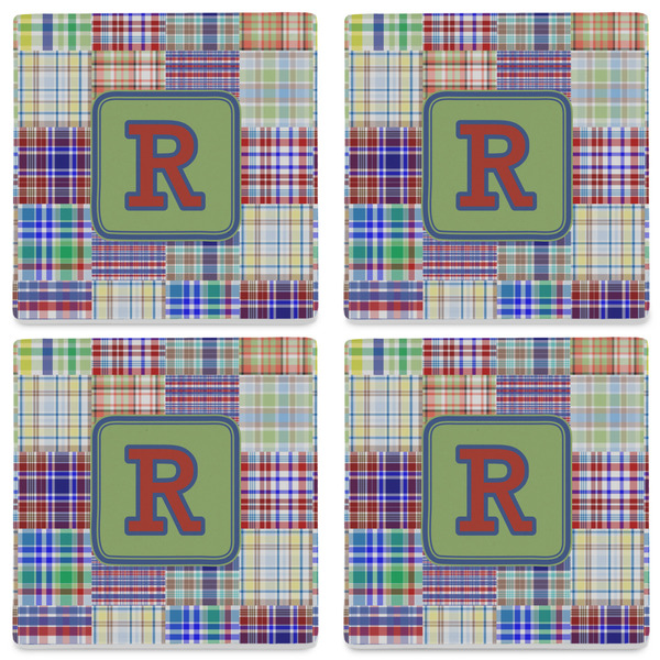 Blue Madras Plaid Print Set of 4 Sandstone Coasters - See All 4 View