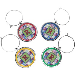 Blue Madras Plaid Print Wine Charms (Set of 4) (Personalized)