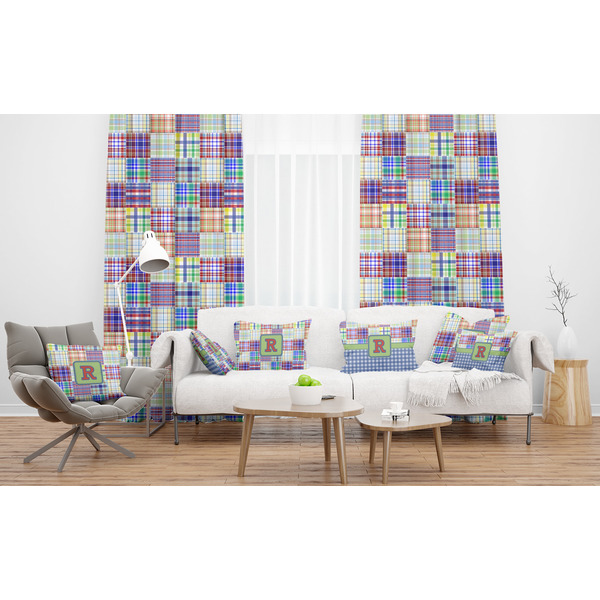 Blue Madras Plaid Print Sheer and Custom Curtains in Room with Matching Pillows