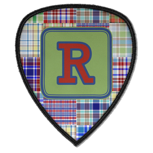 Custom Blue Madras Plaid Print Iron on Shield Patch A w/ Initial