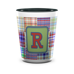 Blue Madras Plaid Print Ceramic Shot Glass - 1.5 oz - Two Tone - Set of 4 (Personalized)