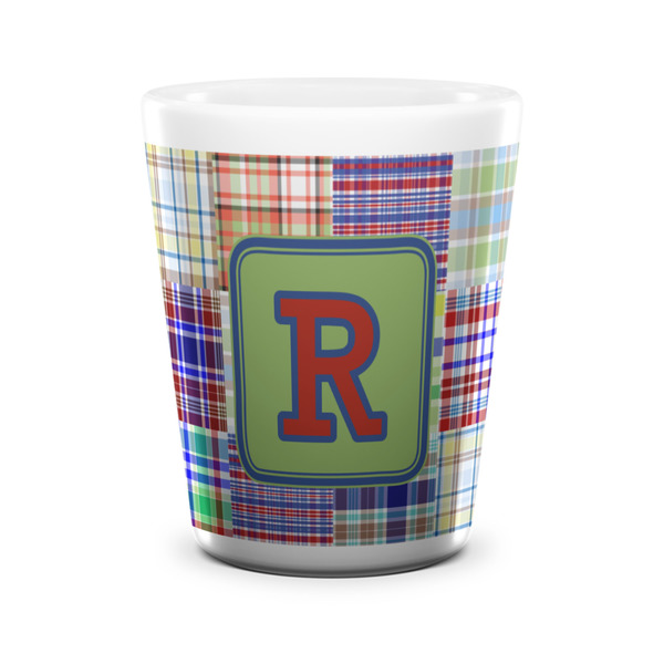 Custom Blue Madras Plaid Print Ceramic Shot Glass - 1.5 oz - White - Set of 4 (Personalized)