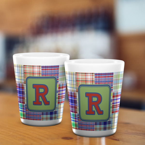 Blue Madras Plaid Print Shot Glass - White - LIFESTYLE