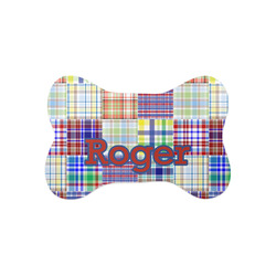 Blue Madras Plaid Print Bone Shaped Dog Food Mat (Small) (Personalized)