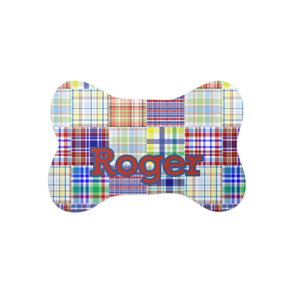 Custom Blue Madras Plaid Print Bone Shaped Dog Food Mat (Small) (Personalized)