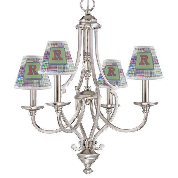 Blue Madras Plaid Print Small Chandelier Shade - LIFESTYLE (on chandelier)