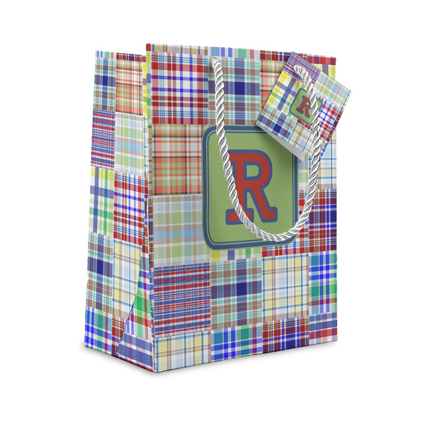Custom Blue Madras Plaid Print Small Gift Bag (Personalized)