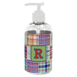 Blue Madras Plaid Print Plastic Soap / Lotion Dispenser (8 oz - Small - White) (Personalized)