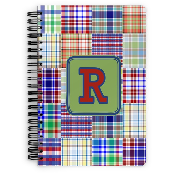Custom Blue Madras Plaid Print Spiral Notebook - 7x10 w/ Initial