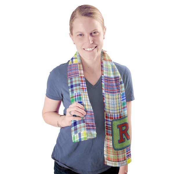 Blue Madras Plaid Print Sport Towel - Exercise use - Model