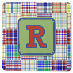 Blue Madras Plaid Print Square Rubber Backed Coaster (Personalized)