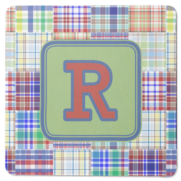 Custom Blue Madras Plaid Print Square Rubber Backed Coaster (Personalized)