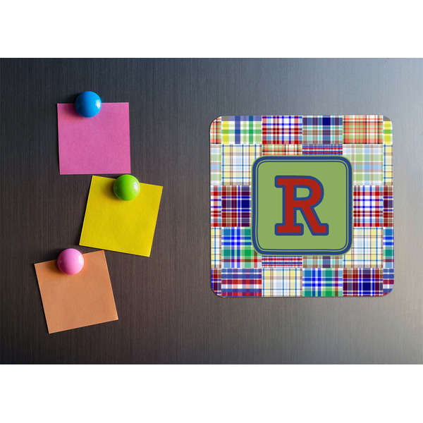 Blue Madras Plaid Print Square Fridge Magnet - LIFESTYLE