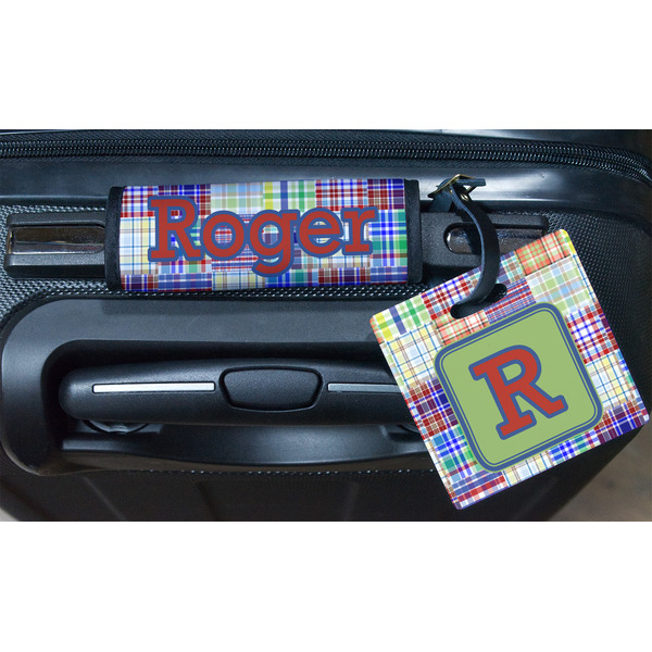 Blue Madras Plaid Print Square Luggage Tag & Handle Wrap - In Context