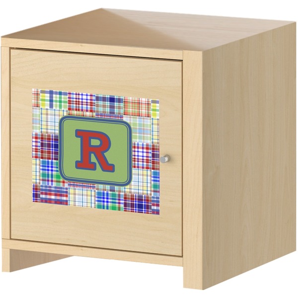 Blue Madras Plaid Print Square Wall Decal on Wooden Cabinet