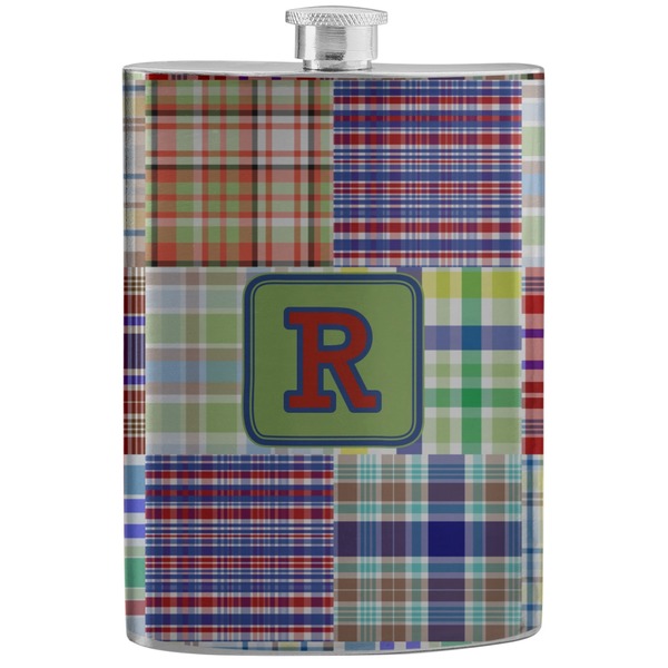 Custom Blue Madras Plaid Print Stainless Steel Flask (Personalized)