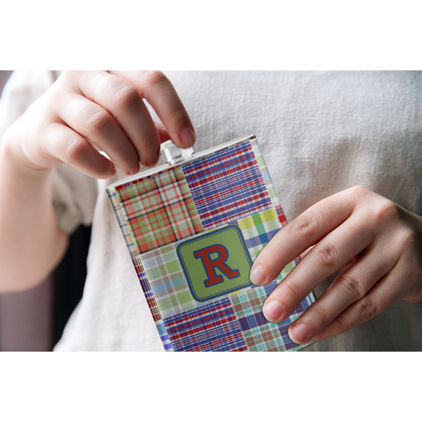 Blue Madras Plaid Print Stainless Steel Flask - LIFESTYLE 1