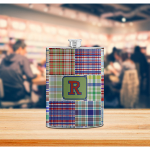 Blue Madras Plaid Print Stainless Steel Flask - LIFESTYLE 2