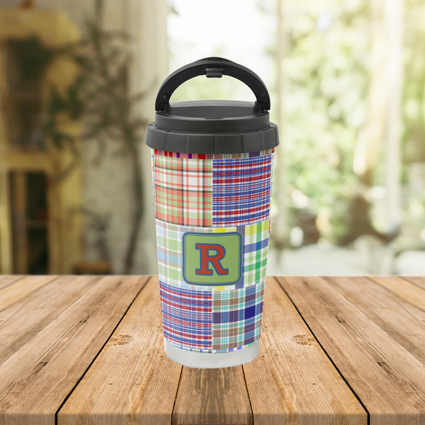 Blue Madras Plaid Print Stainless Steel Travel Cup Lifestyle