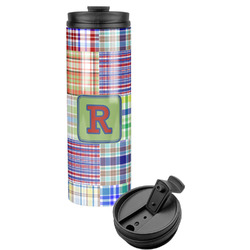 Blue Madras Plaid Print Stainless Steel Skinny Tumbler (Personalized)