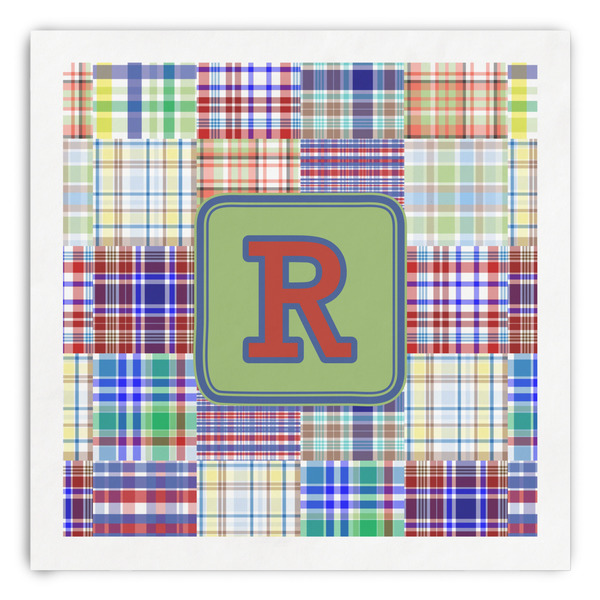 Custom Blue Madras Plaid Print Paper Dinner Napkins (Personalized)
