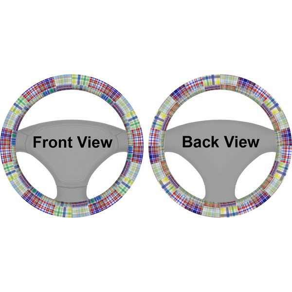 Blue Madras Plaid Print Steering Wheel Cover- Front and Back